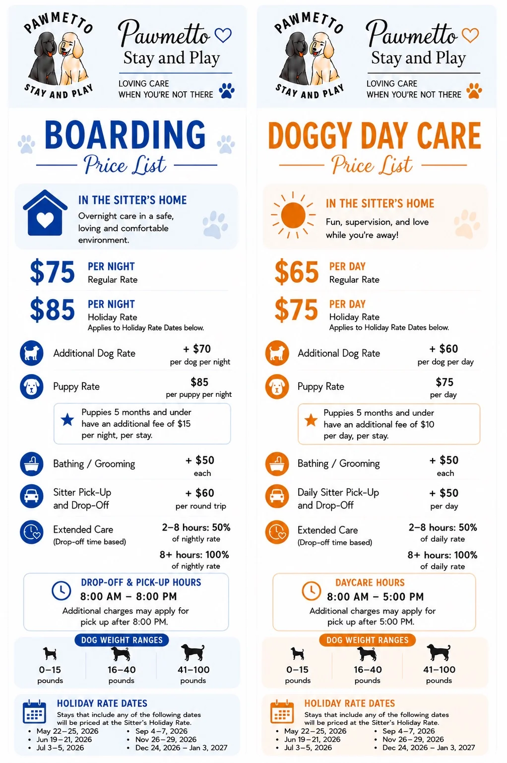 Pawmetto boarding and daycare price list